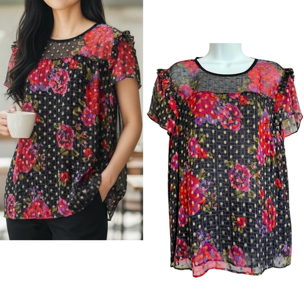Anthropologie Fiorella Black Red Floral Blouse Size 8 Beaded Sheer Ruffles Boho